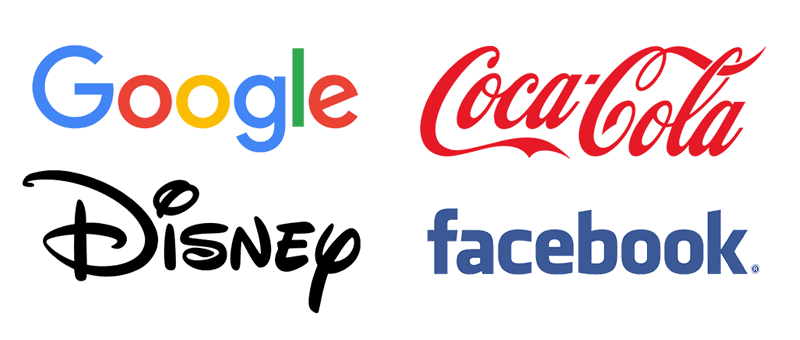 Google logo, Coca Cola logo, Disney logo, Facebook logo