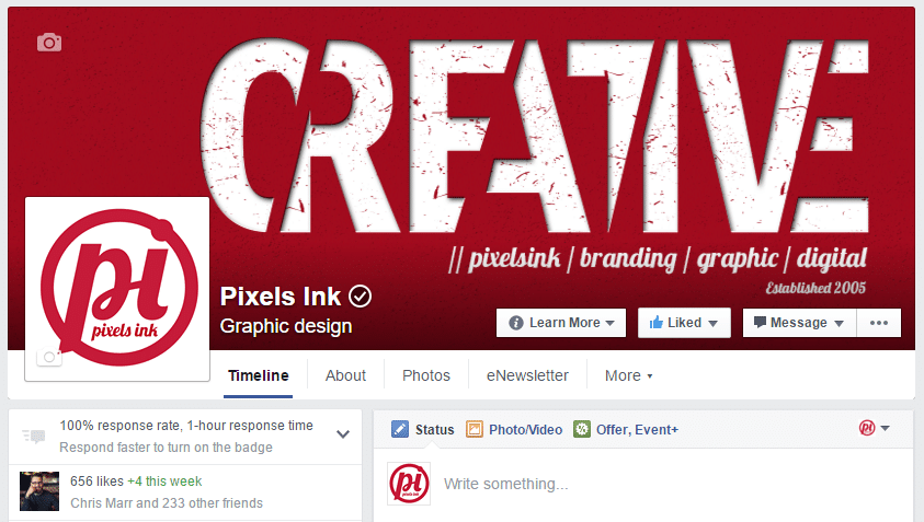 Pixels Ink's Facebook cover image and timeline view